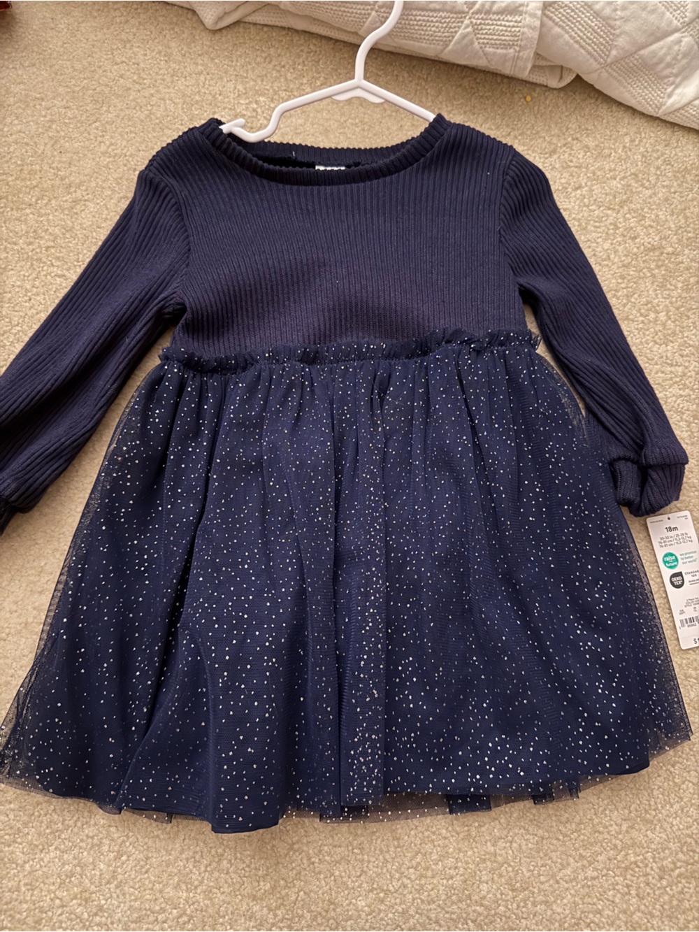 Carter's Navy Sparkle Tulle Long-Sleeve One-Piece Dress